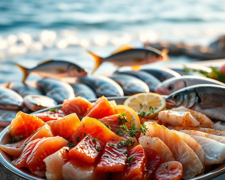 A bountiful spread of freshly caught marine finfish, their vibrant scales glistening under the warm glow of soft, natural lighting. In the foreground, a platter showcases an array of delectable fish fillets, artfully arranged with a sprinkle of aromatic herbs and a drizzle of zesty citrus. In the middle ground, whole fish swim gracefully, their dynamic movements captured in a crisp, high-resolution photograph. The background features a stunning seascape, with gentle waves lapping against a picturesque coastline, creating a serene and inviting atmosphere. The overall composition conveys the inherent beauty and culinary potential of these diverse marine finfish species. A bountiful spread of freshly caught marine finfish, their vibrant scales glistening under the warm glow of soft, natural lighting. In the foreground, a platter showcases an array of delectable fish fillets, artfully arranged with a sprinkle of aromatic herbs and a drizzle of zesty citrus. In the middle ground, whole fish swim gracefully, their dynamic movements captured in a crisp, high-resolution photograph. The background features a stunning seascape, with gentle waves lapping against a picturesque coastline, creating a serene and inviting atmosphere. The overall composition conveys the inherent beauty and culinary potential of these diverse marine finfish species.
