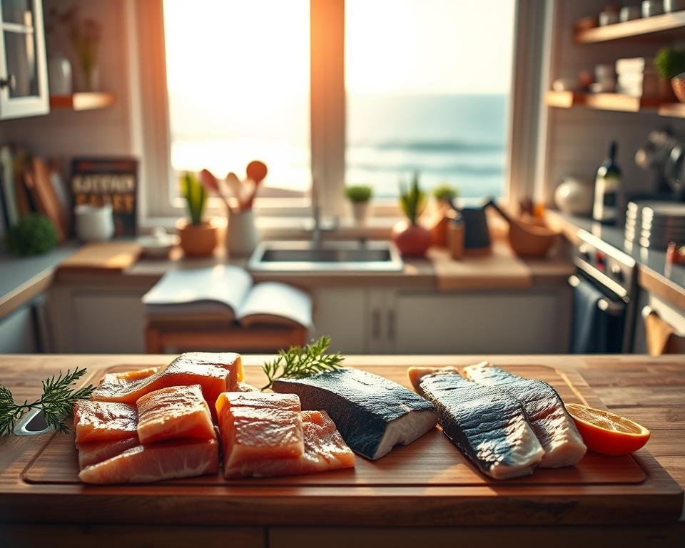A bright, airy kitchen filled with sustainable seafood options. In the foreground, a cutting board showcases fresh, responsibly sourced fish fillets. In the middle ground, cookbooks and cooking utensils suggest a chef's dedication to ethical preparation. The background features a large window overlooking a serene coastal landscape, bathed in warm, natural light. Across the scene, a sense of tranquility and care for the ocean's bounty pervades, inspiring consumers to make mindful choices.