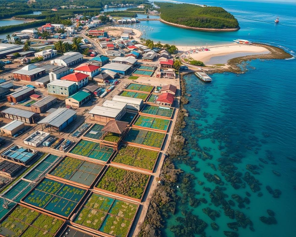 A bustling IMTA market teeming with diverse aquaculture systems and thriving marine life. In the foreground, a vibrant array of integrated polyculture ponds, tanks, and raceways, showcasing the synergistic cultivation of finfish, shellfish, and seaweeds. The middle ground features a network of processing facilities, distribution hubs, and research laboratories, reflecting the economic opportunities of this sustainable approach. In the background, a scenic coastal landscape with crystal-clear waters, lush mangroves, and a vibrant fishing community, highlighting the integration of IMTA into the local ecosystem. Soft, warm lighting illuminates the scene, conveying a sense of prosperity and environmental harmony.