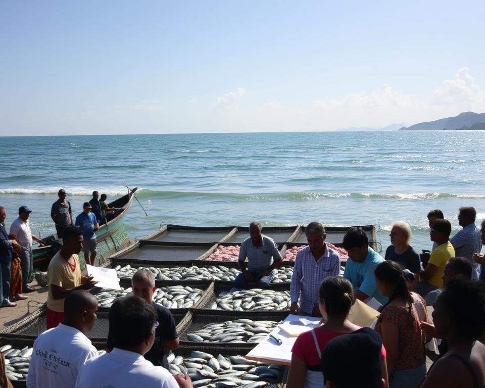 A bustling coastal community engages in responsible aquaculture management, with fishermen and local residents collaborating to cultivate sustainable seafood. In the foreground, a group of diverse individuals gather around a table, discussing plans and monitoring data. The middle ground showcases well-maintained aquaculture pens, with healthy fish thriving in their natural habitat. In the background, a picturesque seascape unfolds, with gently lapping waves, a vibrant marine ecosystem, and a clear, sun-dappled sky. The scene conveys a sense of harmony, where the community works in tandem with the environment to ensure the long-term viability of their aquaculture practices. A bustling coastal community engages in responsible aquaculture management, with fishermen and local residents collaborating to cultivate sustainable seafood. In the foreground, a group of diverse individuals gather around a table, discussing plans and monitoring data. The middle ground showcases well-maintained aquaculture pens, with healthy fish thriving in their natural habitat. In the background, a picturesque seascape unfolds, with gently lapping waves, a vibrant marine ecosystem, and a clear, sun-dappled sky. The scene conveys a sense of harmony, where the community works in tandem with the environment to ensure the long-term viability of their aquaculture practices.