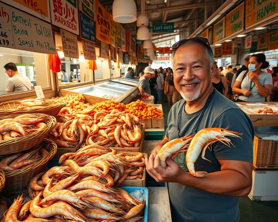 A bustling seafood market stall, overflowing with fresh shrimp of various sizes and colors. The stall is adorned with vibrant, hand-painted signage highlighting the shrimp's origin and quality. In the foreground, a friendly vendor enthusiastically showcases the plump, juicy shrimp, engaging potential customers with a warm, inviting demeanor. The middle ground features an array of woven baskets, wooden crates, and iced display cases, all meticulously arranged to create an appealing visual display. In the background, a lively crowd of shoppers navigates the market, creating a sense of energy and excitement. Warm, natural lighting casts a golden glow over the scene, accentuating the shrimp's vibrant hues and the vendor's welcoming smile.