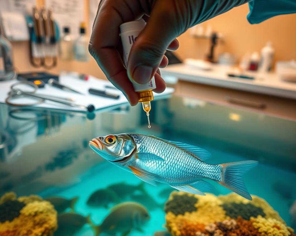 A close-up view of a fish tank, with a doctor's hand delicately administering medication to a sick fish. The water is crystal clear, and the fish's scales glisten under the warm, diffused lighting. In the background, various medical instruments and supplies are neatly arranged on a clean, sterile table. The atmosphere is calm and focused, conveying the seriousness and care involved in treating fish diseases. The camera angle is slightly elevated, providing a unique perspective that showcases the intricate process of fish treatment. A close-up view of a fish tank, with a doctor's hand delicately administering medication to a sick fish. The water is crystal clear, and the fish's scales glisten under the warm, diffused lighting. In the background, various medical instruments and supplies are neatly arranged on a clean, sterile table. The atmosphere is calm and focused, conveying the seriousness and care involved in treating fish diseases. The camera angle is slightly elevated, providing a unique perspective that showcases the intricate process of fish treatment.