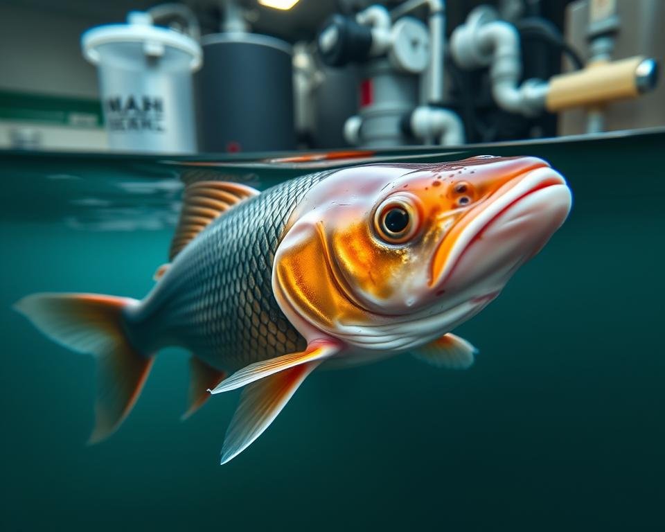 A close-up view of a healthy, vibrant catfish in a well-maintained aquaculture pond. The fish is swimming gracefully, its scales gleaming under the soft, diffused lighting. In the background, a state-of-the-art aeration system and water filtration equipment are visible, suggesting a carefully controlled and optimized environment. The composition is balanced, with the catfish taking center stage, surrounded by the essential elements of a successful catfish health management program, including water quality monitoring tools and preventative medication. The overall mood is one of tranquility and professionalism, reflecting the importance of proactive health management in sustainable catfish production.