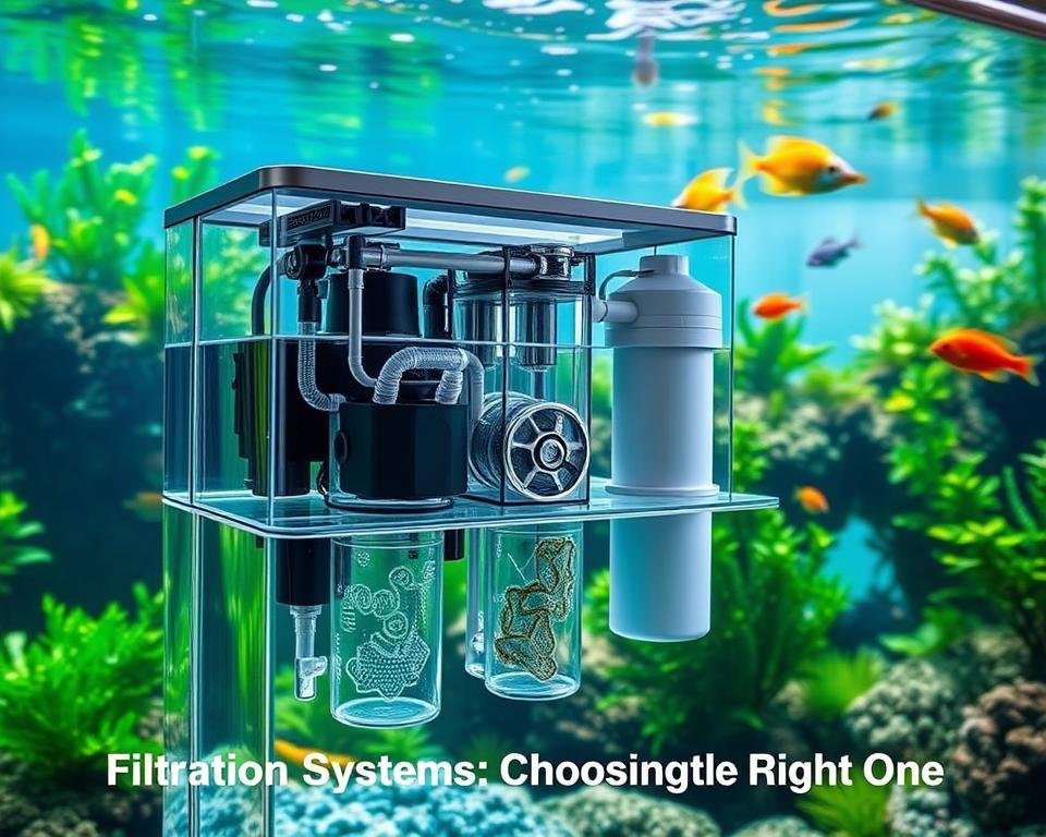 A detailed, high-resolution image of an aquatic filtration system, showcasing its intricate components and functionality. In the foreground, a transparent tank filled with clean, crystalline water, revealing the intricate internal workings of the filtration system. In the middle ground, a sleek, modern filtration unit with a combination of mechanical, biological, and chemical filtration stages, each meticulously designed to remove impurities and maintain optimal water quality. In the background, a serene underwater landscape, with lush aquatic plants and vibrant fish swimming gracefully, highlighting the importance of a well-functioning filtration system in maintaining a thriving aquatic ecosystem. The image is lit by natural, soft lighting, capturing the beauty and efficiency of the filtration system, making it an ideal visual aid for the "Filtration Systems: Choosing the Right One" section of the article.