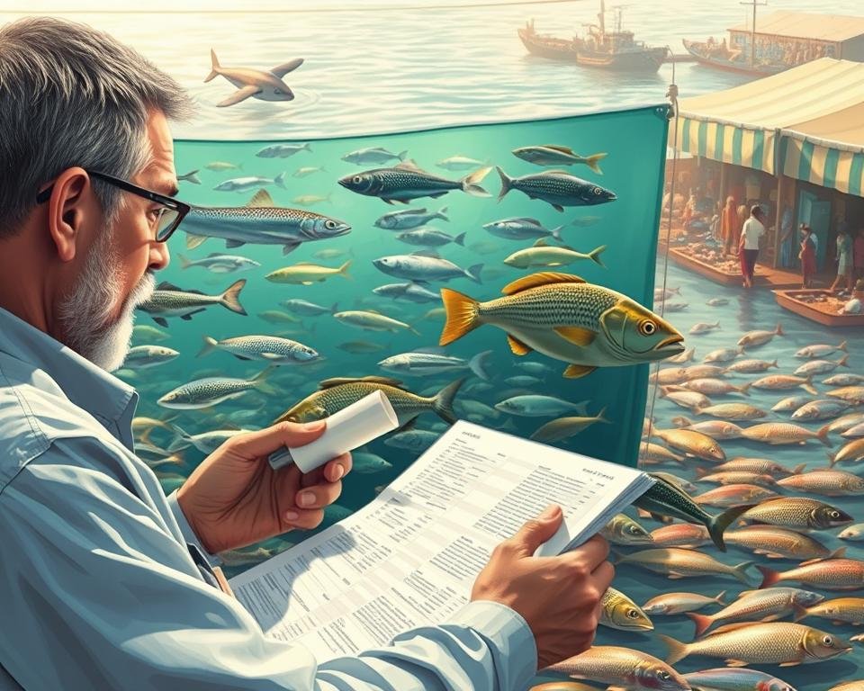 A detailed illustration of economic considerations in aquaculture, capturing the balance between profitability and sustainability. In the foreground, a fish farm manager examines financial ledgers, assessing the costs and returns of various stocking densities. The middle ground showcases diverse fish species thriving in clean, well-oxygenated waters, a result of carefully optimized aquaculture practices. In the background, a bustling marketplace highlights the demand and distribution channels for aquaculture products. Warm, natural lighting casts a contemplative tone, emphasizing the importance of making informed, strategic decisions that benefit both the business and the environment. Rendered in a realistic, detailed style to convey the complexity of the subject matter. A detailed illustration of economic considerations in aquaculture, capturing the balance between profitability and sustainability. In the foreground, a fish farm manager examines financial ledgers, assessing the costs and returns of various stocking densities. The middle ground showcases diverse fish species thriving in clean, well-oxygenated waters, a result of carefully optimized aquaculture practices. In the background, a bustling marketplace highlights the demand and distribution channels for aquaculture products. Warm, natural lighting casts a contemplative tone, emphasizing the importance of making informed, strategic decisions that benefit both the business and the environment. Rendered in a realistic, detailed style to convey the complexity of the subject matter.
