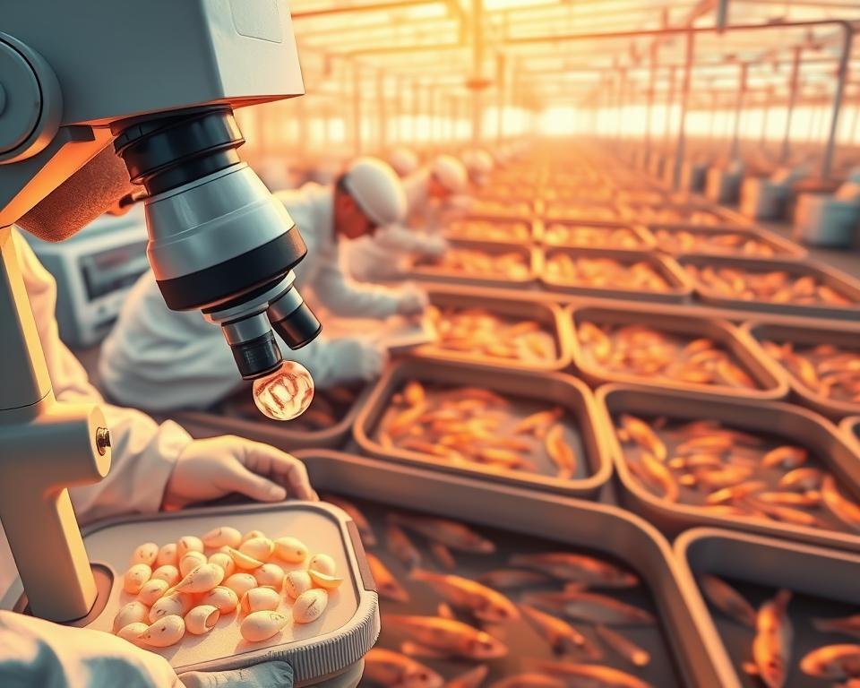 A detailed, technical illustration showcasing various aquaculture breeding techniques. In the foreground, a scientist closely examines fish eggs under a high-magnification microscope, capturing the intricate details of embryonic development. In the middle ground, hatchery technicians carefully monitor water parameters and control the environmental conditions to optimize spawning and larval rearing. In the background, an expansive aquaculture facility with rows of tanks and state-of-the-art equipment, conveying the scale and sophistication of modern aquaculture practices. The scene is bathed in warm, golden lighting, creating a sense of precision, professionalism, and scientific inquiry. Captured with a wide-angle lens to provide a comprehensive, panoramic view of the breeding process. A detailed, technical illustration showcasing various aquaculture breeding techniques. In the foreground, a scientist closely examines fish eggs under a high-magnification microscope, capturing the intricate details of embryonic development. In the middle ground, hatchery technicians carefully monitor water parameters and control the environmental conditions to optimize spawning and larval rearing. In the background, an expansive aquaculture facility with rows of tanks and state-of-the-art equipment, conveying the scale and sophistication of modern aquaculture practices. The scene is bathed in warm, golden lighting, creating a sense of precision, professionalism, and scientific inquiry. Captured with a wide-angle lens to provide a comprehensive, panoramic view of the breeding process.