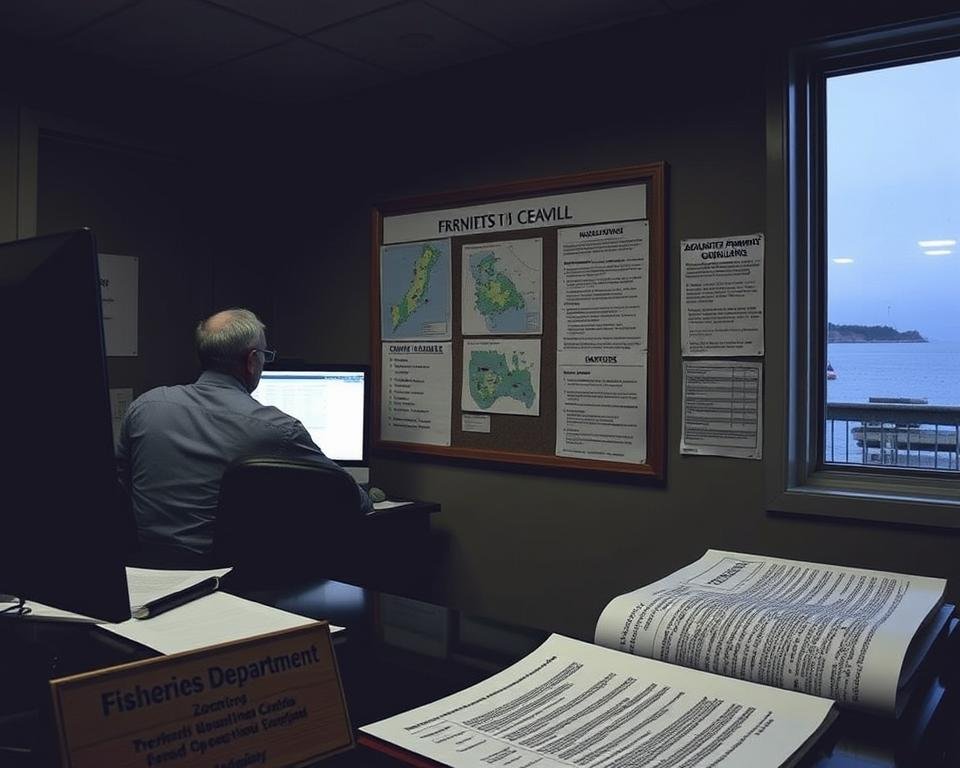 A dimly lit office interior, with a government official reviewing regulations on a computer screen. The foreground features a desk with legal documents and a name plate indicating "Fisheries Department". The middle ground showcases a bulletin board displaying zoning maps, permit guidelines, and other aquaculture compliance information. The background depicts a window overlooking a coastal landscape, hinting at the real-world application of these policies. The scene conveys a sense of bureaucratic complexity, with attention to detail and a muted color palette to capture the regulatory nature of the subject matter.
