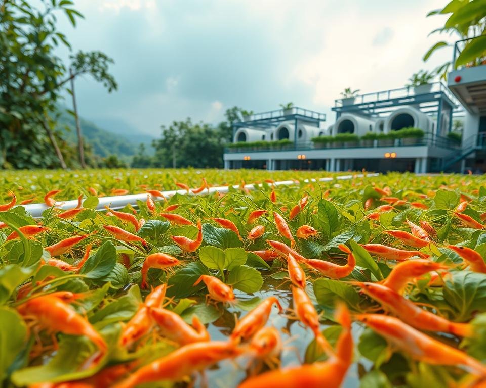 A futuristic aquaculture facility nestled in a lush, verdant landscape. In the foreground, a group of aquaponic tanks teeming with healthy shrimp, their bodies glistening under warm, diffused lighting. In the middle ground, a network of hydroponically-grown plants thrive, their leafy tendrils intertwined with the shrimp's aquatic environment. In the background, sleek, modern structures housing advanced monitoring and control systems, showcasing the latest innovations in shrimp farming technology. The overall scene radiates a sense of harmony, efficiency, and sustainable coexistence between nature and technology, capturing the essence of "Continuous Learning and Adaptation" in shrimp aquaculture.