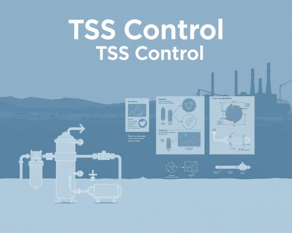 A high-contrast, technical diagram depicting "TSS Control" in a clean, minimalist style. The foreground shows a simplified schematic of a water treatment system, with clearly delineated components like filters, valves, and monitoring equipment. The middle ground features precise technical diagrams and charts illustrating the key parameters and processes involved in total suspended solids (TSS) removal. The background is a muted, industrial-inspired landscape, suggesting the real-world application of this technology. Lighting is cool-toned and evenly distributed, creating a sense of order and precision. The overall tone is informative, authoritative, and environmentally-conscious, fitting the subject matter.
