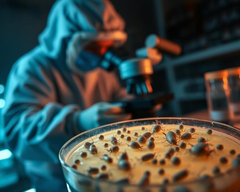 A laboratory setting with an ominous atmosphere. In the foreground, a close-up of bacterial colonies growing on a Petri dish, their intricate patterns and colors radiating a sense of threat. In the middle ground, a scientist in a protective suit examines a sample under a high-powered microscope, their expression one of concern. The background is shrouded in shadows, hinting at the unseen dangers of antibiotic-resistant microbes in aquaculture. Dramatic backlighting casts dramatic shadows, amplifying the sense of unease. The overall scene conveys the challenges of managing antimicrobial resistance in the aquatic environment.