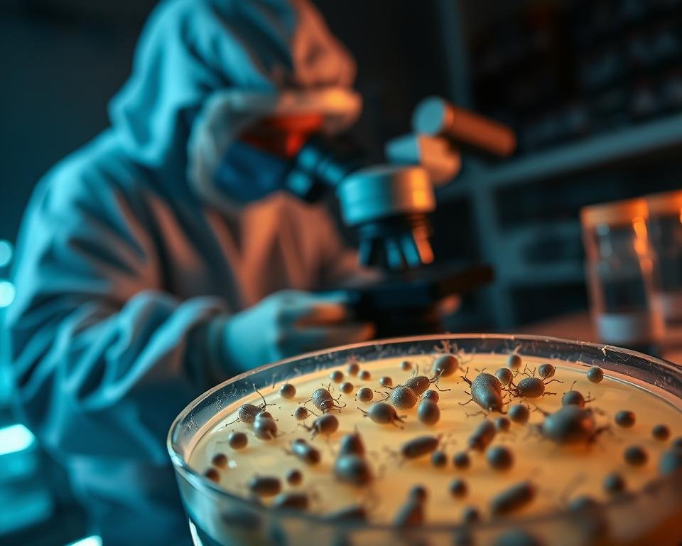 A laboratory setting with an ominous atmosphere. In the foreground, a close-up of bacterial colonies growing on a Petri dish, their intricate patterns and colors radiating a sense of threat. In the middle ground, a scientist in a protective suit examines a sample under a high-powered microscope, their expression one of concern. The background is shrouded in shadows, hinting at the unseen dangers of antibiotic-resistant microbes in aquaculture. Dramatic backlighting casts dramatic shadows, amplifying the sense of unease. The overall scene conveys the challenges of managing antimicrobial resistance in the aquatic environment.