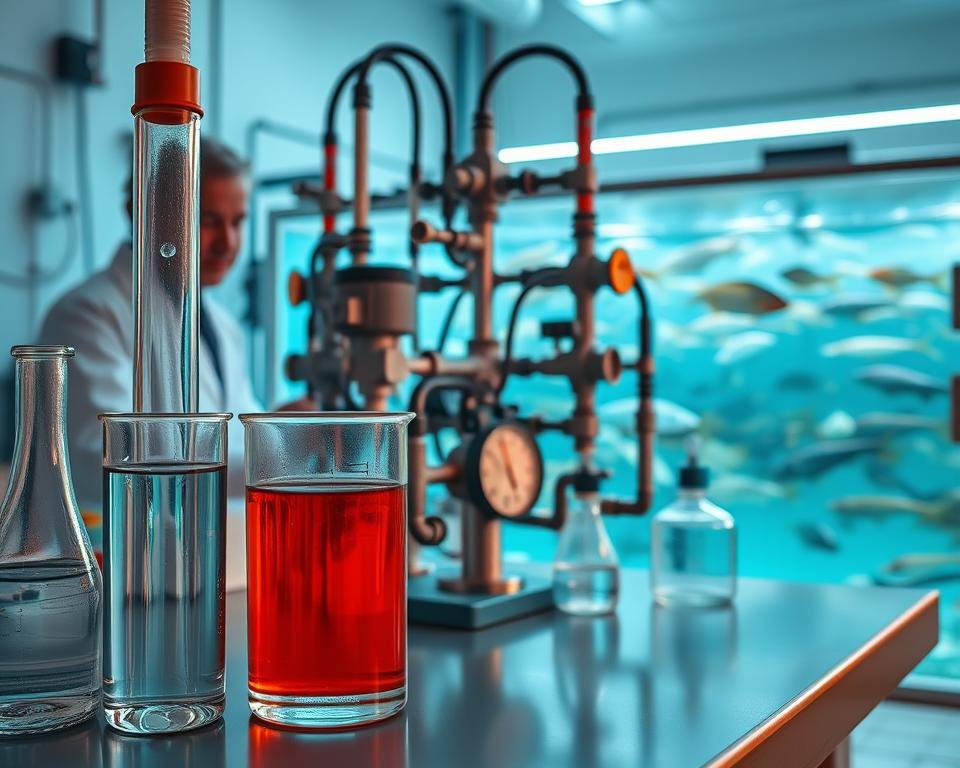 A laboratory setting with various scientific apparatus and equipment, including beakers, test tubes, and pH meters. The foreground features a water sample being tested and adjusted, with a scientist in a lab coat carefully monitoring the process. The middle ground showcases a complex system of pumps, valves, and tubing that regulate the water flow and pH levels. In the background, a large aquarium or fish tank holds a variety of aquatic life, illustrating the challenges of maintaining the ideal pH balance for successful aquaculture farming. Soft, indirect lighting casts a contemplative, scientific atmosphere, emphasizing the importance of precise pH control in this specialized field. A laboratory setting with various scientific apparatus and equipment, including beakers, test tubes, and pH meters. The foreground features a water sample being tested and adjusted, with a scientist in a lab coat carefully monitoring the process. The middle ground showcases a complex system of pumps, valves, and tubing that regulate the water flow and pH levels. In the background, a large aquarium or fish tank holds a variety of aquatic life, illustrating the challenges of maintaining the ideal pH balance for successful aquaculture farming. Soft, indirect lighting casts a contemplative, scientific atmosphere, emphasizing the importance of precise pH control in this specialized field.