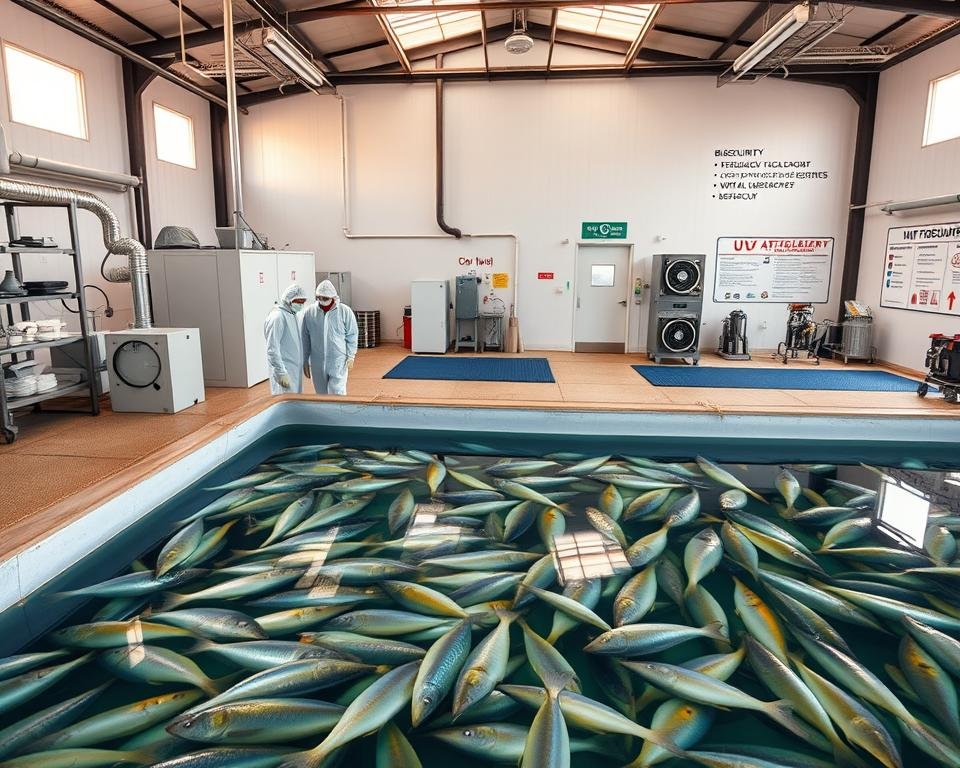A large, modern fish farm with various biosecurity measures in place. In the foreground, workers in protective gear inspect a tank of healthy, vibrant fish. The middle ground features specialized equipment like UV sterilizers, ozone generators, and water treatment systems. In the background, a well-maintained and biosecure facility with restricted access, disinfection mats, and signage outlining biosecurity protocols. The scene is bathed in warm, natural lighting, creating a sense of professionalism and care. The overall atmosphere conveys a commitment to safeguarding the aquatic assets and preventing the spread of diseases. A large, modern fish farm with various biosecurity measures in place. In the foreground, workers in protective gear inspect a tank of healthy, vibrant fish. The middle ground features specialized equipment like UV sterilizers, ozone generators, and water treatment systems. In the background, a well-maintained and biosecure facility with restricted access, disinfection mats, and signage outlining biosecurity protocols. The scene is bathed in warm, natural lighting, creating a sense of professionalism and care. The overall atmosphere conveys a commitment to safeguarding the aquatic assets and preventing the spread of diseases.