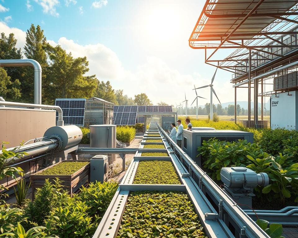 A large, modern industrial facility surrounded by lush greenery and renewable energy sources. In the foreground, a state-of-the-art aquafeed production line, with automated machinery efficiently processing sustainable ingredients like algae, insects, and plant-based proteins. The middle ground shows researchers in lab coats closely monitoring the production process, ensuring quality and environmental impact. In the background, solar panels and wind turbines power the facility, while a bright, hopeful sky overhead conveys a sense of clean, renewable energy powering the future of sustainable aquaculture. Detailed, cinematic lighting and a wide-angle lens capture the scale and importance of this eco-friendly aquafeed production.