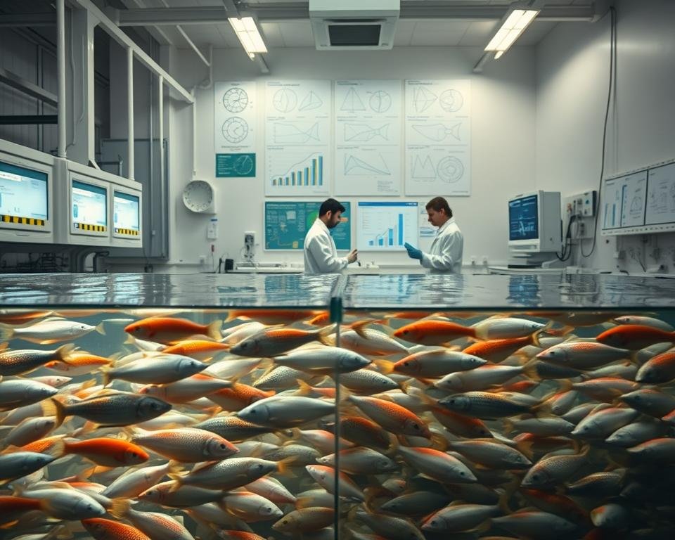 A large white laboratory workspace filled with scientific equipment and data displays. In the foreground, a fish tank containing various aquatic species, their numbers and behaviors being carefully observed. In the middle ground, researchers in lab coats poring over charts and graphs, analyzing stocking density data. The background is dimly lit, with technical diagrams and computer screens illuminating the scene. The overall atmosphere is one of focused, meticulous scientific inquiry, exploring the optimal balance of aquaculture stocking densities. A large white laboratory workspace filled with scientific equipment and data displays. In the foreground, a fish tank containing various aquatic species, their numbers and behaviors being carefully observed. In the middle ground, researchers in lab coats poring over charts and graphs, analyzing stocking density data. The background is dimly lit, with technical diagrams and computer screens illuminating the scene. The overall atmosphere is one of focused, meticulous scientific inquiry, exploring the optimal balance of aquaculture stocking densities.