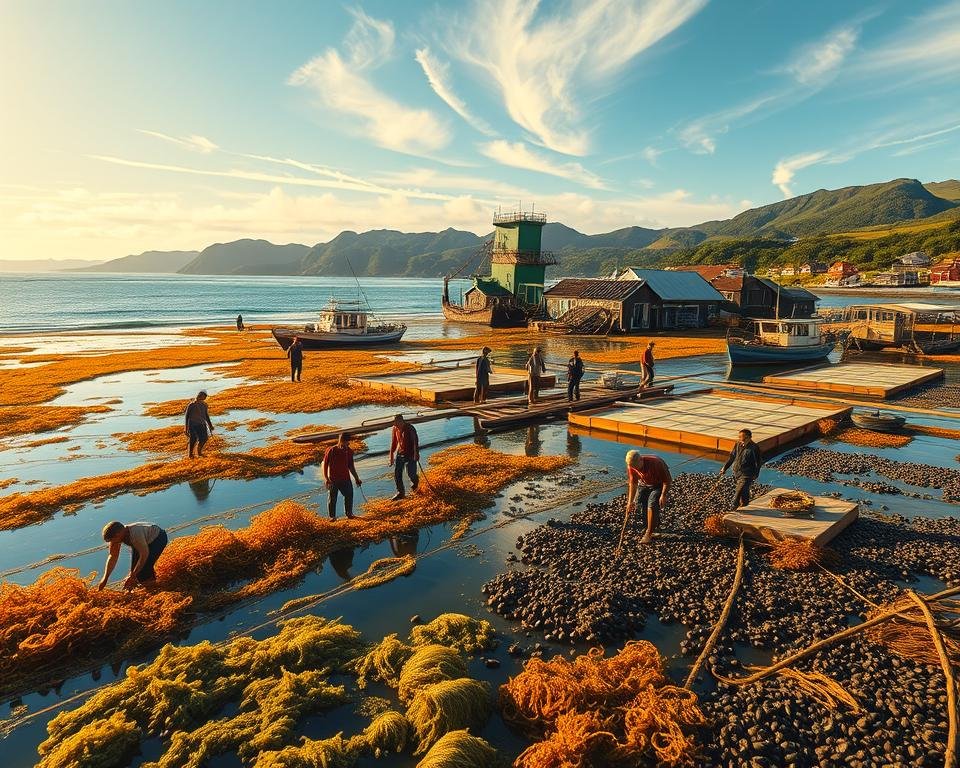 A lush, coastal community engaged in sustainable aquaculture practices. In the foreground, a diverse group of local fishermen and farmers collaboratively tending to their underwater kelp and mussel farms, using natural, eco-friendly methods. In the middle ground, a floating fish hatchery and processing facility, powered by renewable energy. In the background, a scenic seaside village with traditional architecture, surrounded by rolling hills and a tranquil, azure ocean. Warm, golden sunlight filters through wispy clouds, casting a serene glow over the entire scene. The overall atmosphere conveys a sense of harmony between human activity and the natural environment.