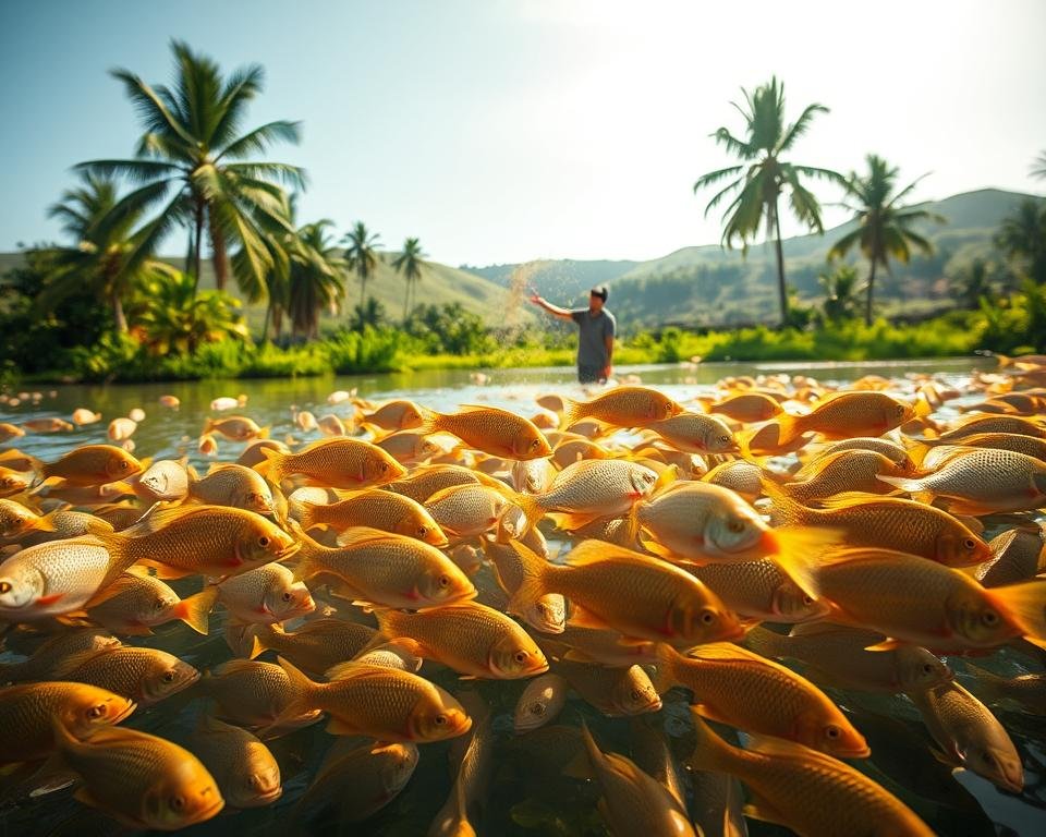 A lush, sun-dappled aquaculture scene. In the foreground, a school of vibrant tilapia swim gracefully in a well-aerated pond, their golden scales glimmering. In the middle ground, a fisherman diligently sprinkles high-protein fish feed into the water, observing the fish's eager feeding behavior. The background reveals a verdant landscape of gently swaying palm trees and rolling hills, creating a serene, tropical atmosphere. Soft, warm lighting casts a natural glow over the entire scene, captured through the lens of a wide-angle camera. The overall composition conveys the bountiful potential of sustainable tilapia farming.