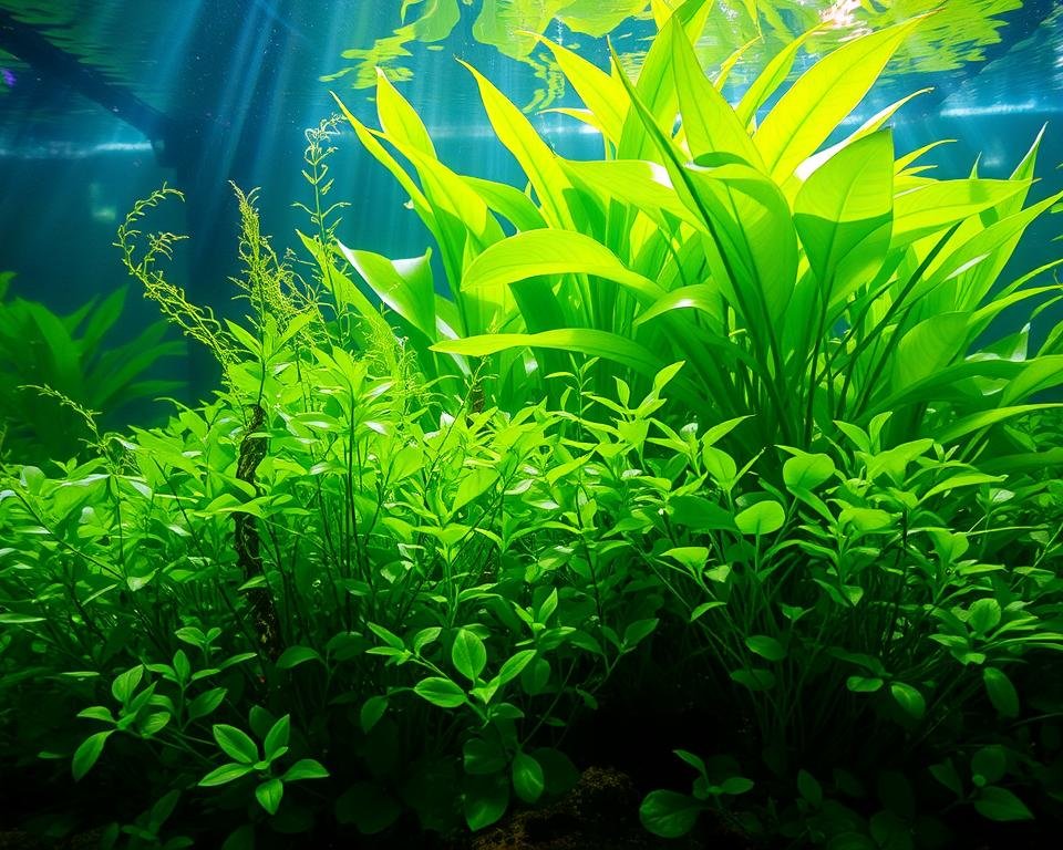 A lush underwater scene with vibrant aquatic plants thriving in a clear aquarium. In the foreground, dense clusters of green, leafy plants sway gently, their delicate tendrils filtering the water. In the middle ground, broad-leaved plants with shimmering colors of emerald and jade rise up, their roots anchored in the sandy substrate. Shafts of soft, diffused light from above create a serene, natural atmosphere, illuminating the verdant aquascape. The water appears pristine and oxygenated, reflecting the plants' crucial role in maintaining healthy ammonia and nitrite levels for a thriving aquaculture ecosystem. A lush underwater scene with vibrant aquatic plants thriving in a clear aquarium. In the foreground, dense clusters of green, leafy plants sway gently, their delicate tendrils filtering the water. In the middle ground, broad-leaved plants with shimmering colors of emerald and jade rise up, their roots anchored in the sandy substrate. Shafts of soft, diffused light from above create a serene, natural atmosphere, illuminating the verdant aquascape. The water appears pristine and oxygenated, reflecting the plants' crucial role in maintaining healthy ammonia and nitrite levels for a thriving aquaculture ecosystem.