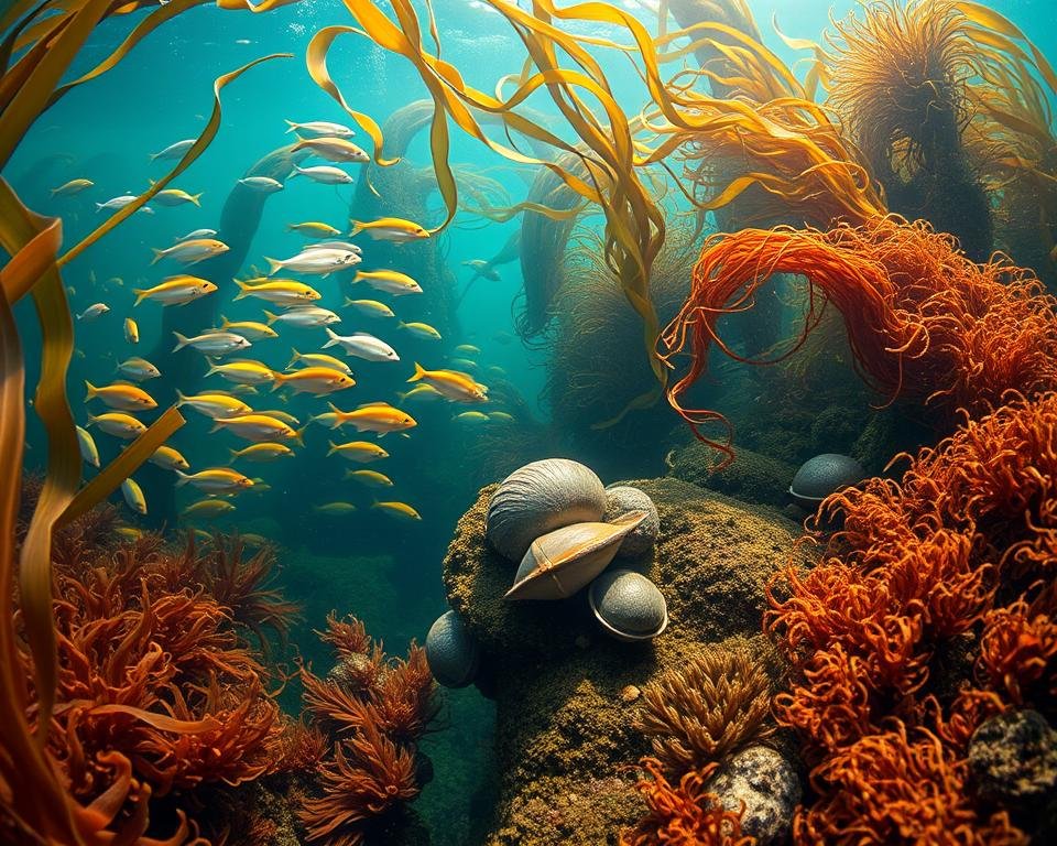 A lush, underwater seascape teeming with diverse, climate-resilient aquaculture species. In the foreground, a school of colorful, hardy fish gracefully swim through the warm, gently swaying kelp forest. In the middle ground, a sturdy, fast-growing mollusc clings to a rocky outcrop, its shell glistening with iridescent hues. In the background, an array of resilient, nutrient-rich seaweeds sway in the current, their fronds creating a vibrant, undulating tapestry. Warm, soft lighting illuminates the scene, casting a serene, hopeful atmosphere. Captured through a wide-angle lens, the image conveys the abundance and adaptability of climate-resilient aquaculture species.