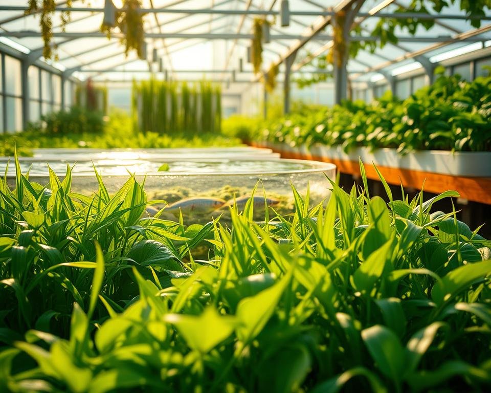 A lush, verdant aquaponic greenhouse bathed in warm, golden light. In the foreground, a thriving garden of nutrient-rich aquatic plants, their vibrant leaves and stems reaching towards the sun. In the middle ground, a series of clear, gently bubbling tanks teeming with healthy, silvery fish. In the background, a series of hydroponic growing beds, their soil-less substrates nurturing a diverse array of leafy greens and vegetables. The scene conveys a sense of harmony, balance, and sustainability - a closed-loop system where the waste of one element nourishes the growth of another, creating a self-sustaining ecosystem. The overall mood is one of tranquility, abundance, and environmental stewardship.