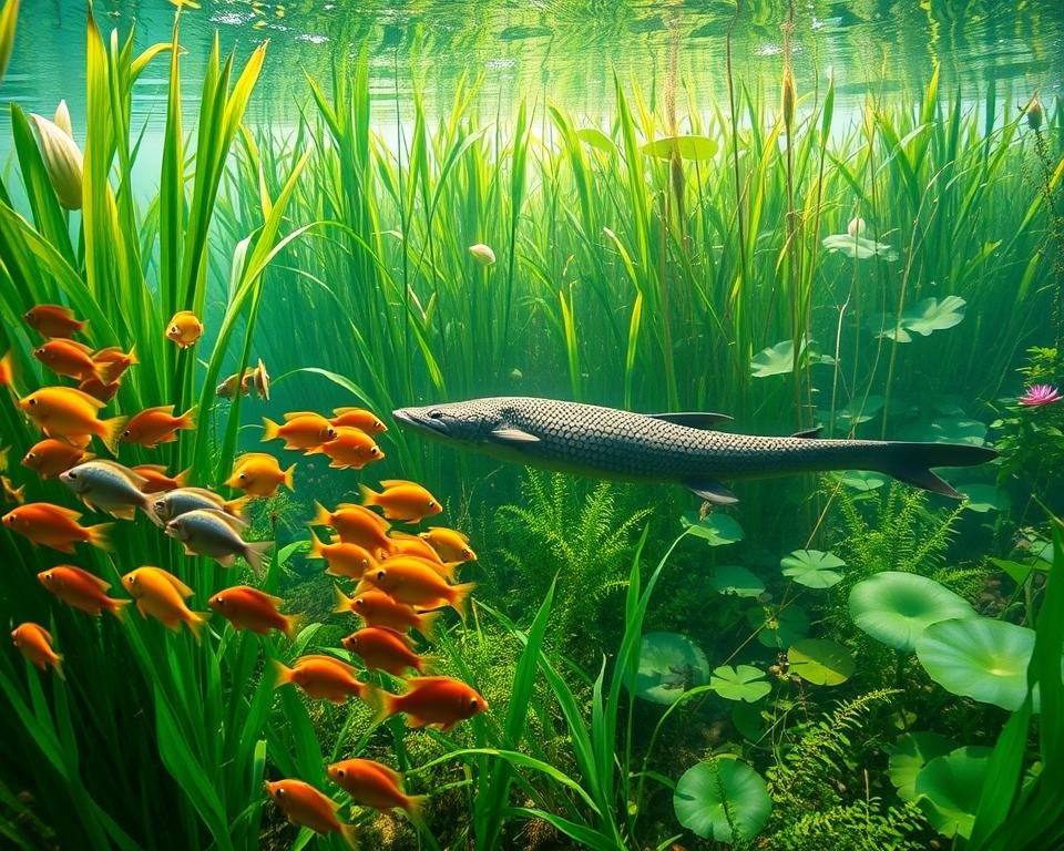 A lush, vibrant underwater scene showcasing the rich diversity of freshwater ecosystems. In the foreground, a school of colorful tropical fish dart amongst the swaying aquatic plants. In the middle ground, a majestic sturgeon glides gracefully, its armored scales catching the dappled sunlight filtering through the water's surface. In the background, a dense thicket of reeds and lily pads teem with a variety of amphibians, invertebrates, and submerged vegetation, creating a thriving, interconnected habitat. Lighting is soft and diffused, evoking a sense of tranquility and the delicate balance of this fragile freshwater world. A lush, vibrant underwater scene showcasing the rich diversity of freshwater ecosystems. In the foreground, a school of colorful tropical fish dart amongst the swaying aquatic plants. In the middle ground, a majestic sturgeon glides gracefully, its armored scales catching the dappled sunlight filtering through the water's surface. In the background, a dense thicket of reeds and lily pads teem with a variety of amphibians, invertebrates, and submerged vegetation, creating a thriving, interconnected habitat. Lighting is soft and diffused, evoking a sense of tranquility and the delicate balance of this fragile freshwater world.