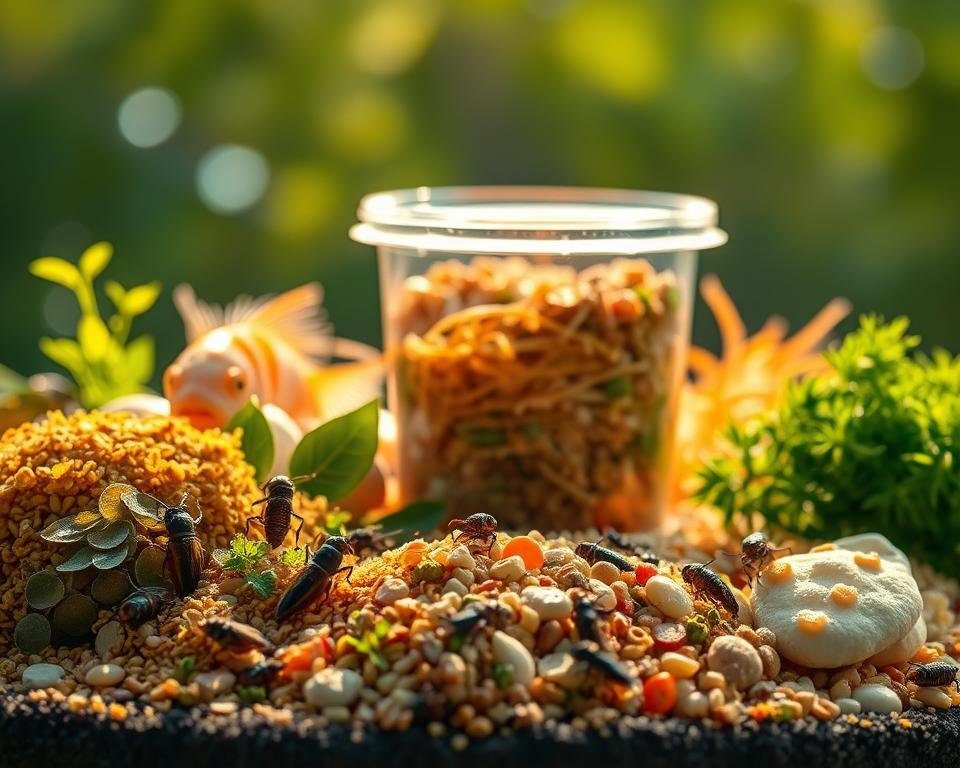 A meticulously crafted scene of sustainable fish feed, illuminated by warm, natural lighting. In the foreground, a variety of organic ingredients like algae, insects, and plant-based proteins are carefully arranged, showcasing their nutritional benefits. The middle ground features a transparent container, allowing a glimpse of the balanced blend of these sustainable feed components. In the background, a serene, earth-toned setting evokes a sense of environmental harmony, underscoring the eco-friendly nature of the feed. The overall composition conveys a visually striking and informative representation of the subject, suitable for the "Environmental Considerations in Feed Formulation" section.