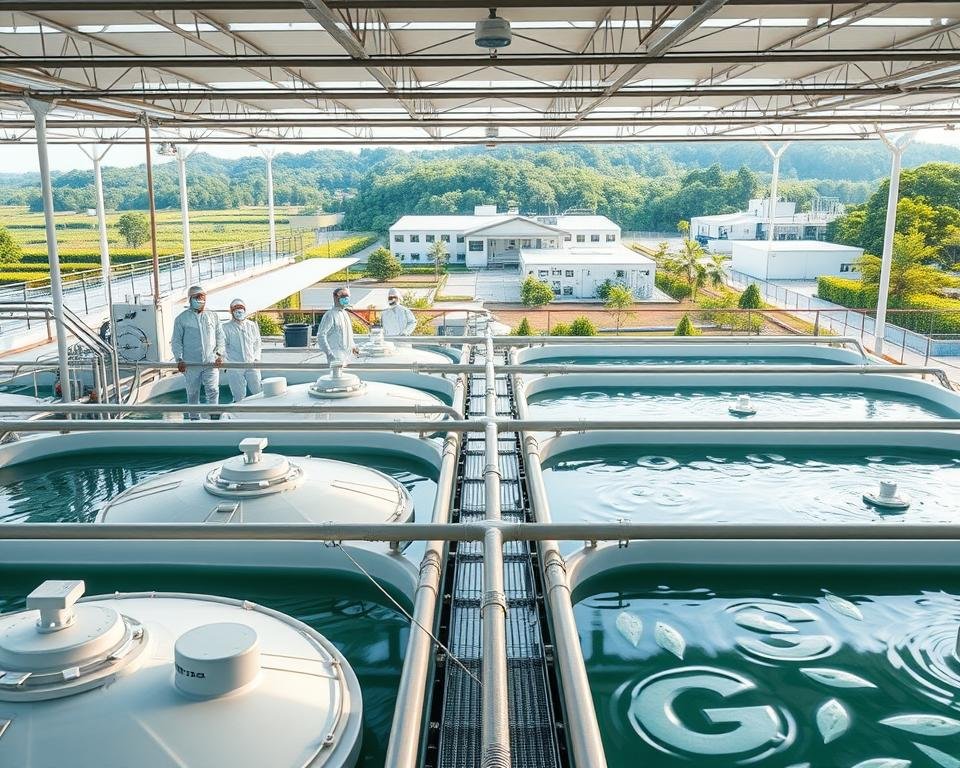 A meticulously designed aquaculture facility, with a focus on state-of-the-art waste management systems. In the foreground, a series of interconnected tanks and filtration equipment, showcasing the advanced technology used to treat and recycle water. The middle ground features a team of experts in protective gear, monitoring the processes and ensuring compliance with regulatory standards. In the background, a panoramic view of the facility, with clean, modern architecture and lush greenery surrounding the site, conveying a sense of environmental responsibility. The lighting is soft and natural, casting a warm glow over the scene, highlighting the importance of sustainable practices in the aquaculture industry. A meticulously designed aquaculture facility, with a focus on state-of-the-art waste management systems. In the foreground, a series of interconnected tanks and filtration equipment, showcasing the advanced technology used to treat and recycle water. The middle ground features a team of experts in protective gear, monitoring the processes and ensuring compliance with regulatory standards. In the background, a panoramic view of the facility, with clean, modern architecture and lush greenery surrounding the site, conveying a sense of environmental responsibility. The lighting is soft and natural, casting a warm glow over the scene, highlighting the importance of sustainable practices in the aquaculture industry.