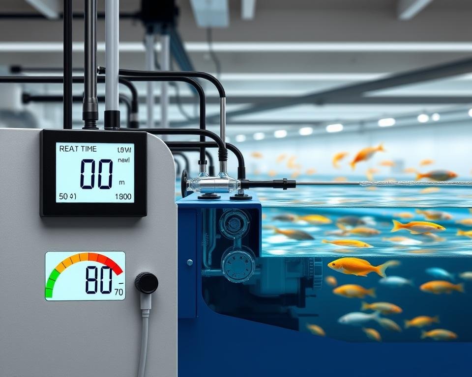 A meticulously detailed cross-section of a well-equipped aquaculture facility, showcasing the precise monitoring and regulation of dissolved oxygen levels. In the foreground, a digital display panel clearly indicates the real-time DO readings, with a color-coded scale denoting the optimal range. In the middle ground, a series of aeration devices and water circulation systems are visible, their mechanisms illuminated by soft, diffused lighting. The background features a panoramic view of the aquaculture tanks, where healthy, vibrant fish can be seen swimming in the well-oxygenated water. The overall scene conveys a sense of scientific precision and environmental stewardship, highlighting the importance of maintaining optimal dissolved oxygen levels for the well-being of the aquatic inhabitants.