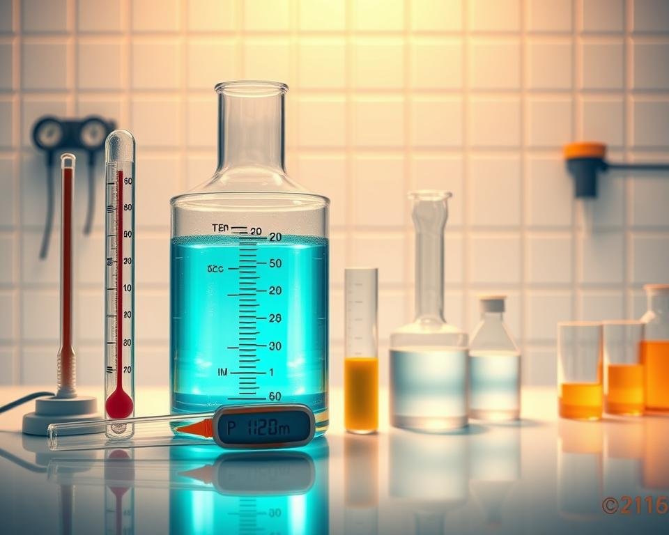 A meticulously detailed illustration of water quality parameters, showcasing a transparent laboratory beaker filled with crystal-clear aqua, illuminated by warm, indirect lighting. In the foreground, a thermometer, pH meter, and test kit precisely measure temperature, acidity, and other vital statistics. The middle ground features a graduated cylinder and pipette, conveying the analytical process. The background depicts a minimalist, white-tiled laboratory setting, emphasizing the scientific nature of the scene. The overall mood is one of precise, systematic investigation, reflecting the importance of carefully monitoring water conditions for healthy aquaculture.