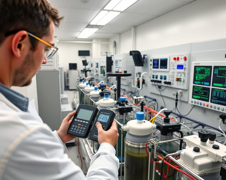 A modern aquaculture laboratory equipped with scientific instruments and monitoring devices. In the foreground, a technician carefully measures the salinity levels of the recirculating water system using a digital salinity meter. The middle ground showcases various water tanks and filtration equipment, while the background features sleek, high-tech control panels and data displays. The lighting is bright and evenly distributed, capturing the precision and professionalism of the salinity management process. The overall atmosphere conveys a sense of technological innovation and environmental stewardship in the aquaculture industry. A modern aquaculture laboratory equipped with scientific instruments and monitoring devices. In the foreground, a technician carefully measures the salinity levels of the recirculating water system using a digital salinity meter. The middle ground showcases various water tanks and filtration equipment, while the background features sleek, high-tech control panels and data displays. The lighting is bright and evenly distributed, capturing the precision and professionalism of the salinity management process. The overall atmosphere conveys a sense of technological innovation and environmental stewardship in the aquaculture industry.
