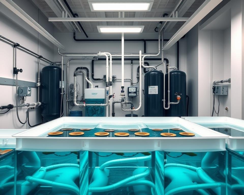 A modern, state-of-the-art aquaculture recirculating system set against a backdrop of a sleek, minimalist laboratory. In the foreground, a series of interconnected tanks filled with crystal-clear water, showcasing the sophisticated water filtration and oxygenation technologies. In the middle ground, a network of pipes, valves, and monitoring equipment, all precisely calibrated to maintain optimal water parameters. The background features clean, white walls and modern, energy-efficient lighting, conveying a sense of scientific precision and control. The overall atmosphere is one of technological innovation, environmental sustainability, and a deep understanding of the delicate balance required for successful aquaculture.