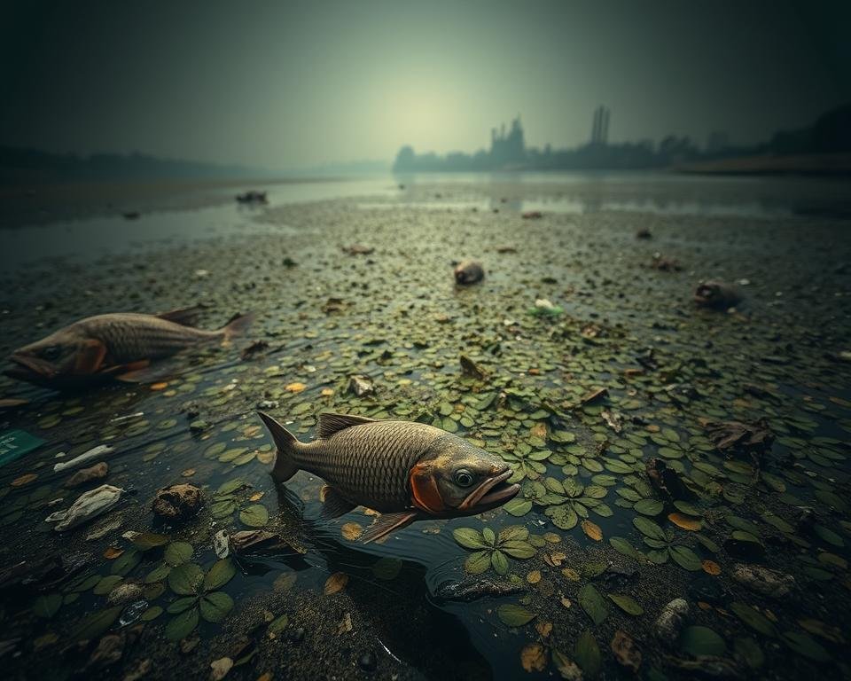 A murky, polluted freshwater habitat. In the foreground, a sickly, discolored fish struggles to swim against a current of plastic waste and chemical runoff. The middle ground reveals a dense tangle of algae-covered plants, choking the water's surface. In the background, a dimly lit, hazy landscape of degraded riverbanks and industrial machinery looms ominously. The lighting is somber, casting an unsettling, almost dystopian atmosphere. The lens captures this scene with a slightly distorted, documentary-style perspective, emphasizing the environmental degradation and its impact on the delicate freshwater ecosystem. A murky, polluted freshwater habitat. In the foreground, a sickly, discolored fish struggles to swim against a current of plastic waste and chemical runoff. The middle ground reveals a dense tangle of algae-covered plants, choking the water's surface. In the background, a dimly lit, hazy landscape of degraded riverbanks and industrial machinery looms ominously. The lighting is somber, casting an unsettling, almost dystopian atmosphere. The lens captures this scene with a slightly distorted, documentary-style perspective, emphasizing the environmental degradation and its impact on the delicate freshwater ecosystem.