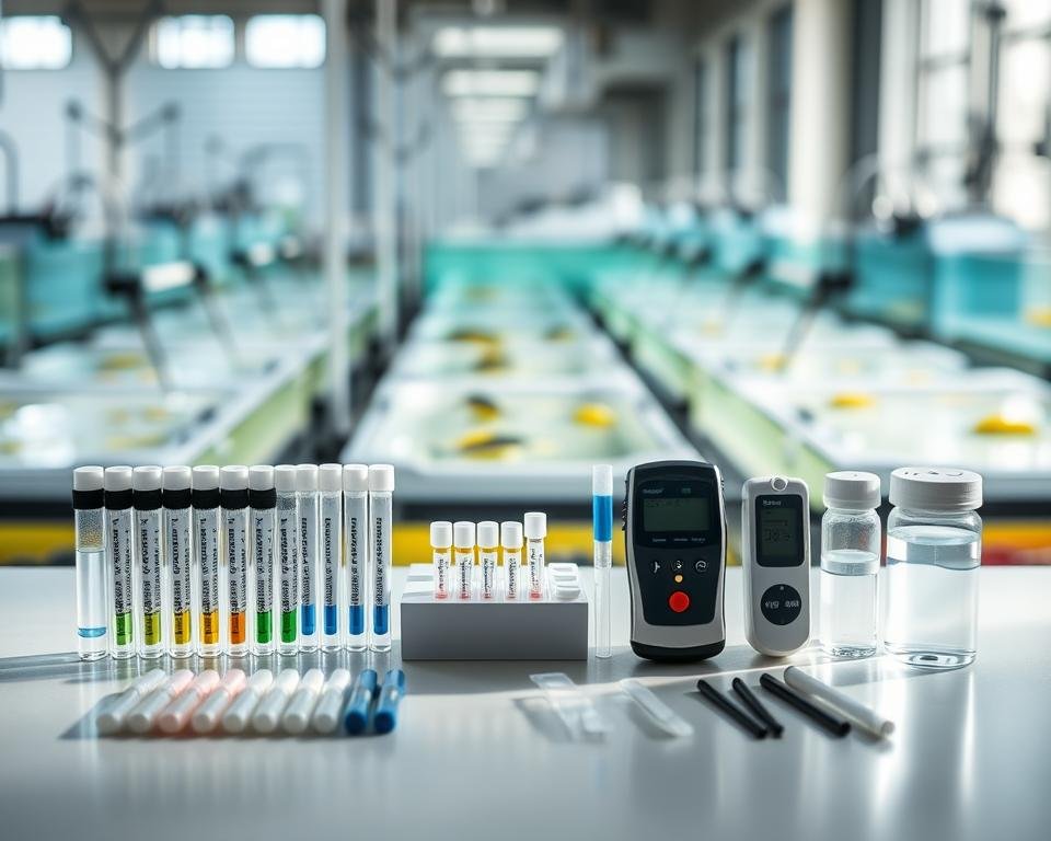 A neatly arranged set of water testing kits for fish farming, including test strips, test tubes, and digital meters, displayed on a clean, neutral-toned tabletop. The kits are illuminated by soft, diffused natural lighting from a nearby window, casting gentle shadows and highlighting the various components. In the background, a blurred, out-of-focus scene of a modern fish farm, with tanks and aquaculture equipment, conveys the context. The overall mood is one of professionalism, attention to detail, and the importance of water quality monitoring in optimizing fish farming operations. A neatly arranged set of water testing kits for fish farming, including test strips, test tubes, and digital meters, displayed on a clean, neutral-toned tabletop. The kits are illuminated by soft, diffused natural lighting from a nearby window, casting gentle shadows and highlighting the various components. In the background, a blurred, out-of-focus scene of a modern fish farm, with tanks and aquaculture equipment, conveys the context. The overall mood is one of professionalism, attention to detail, and the importance of water quality monitoring in optimizing fish farming operations.