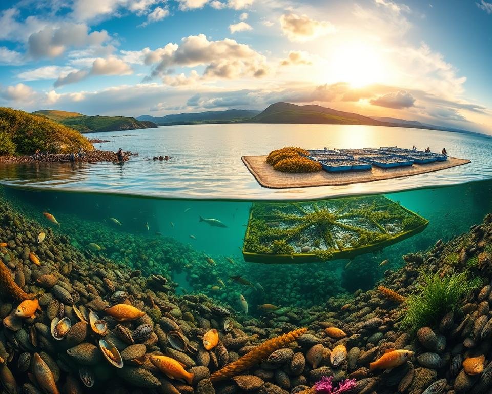 A panoramic view of a thriving coastal ecosystem, showcasing the interconnected benefits of Integrated Multi-Trophic Aquaculture (IMTA). In the foreground, a diverse array of aquatic species coexist harmoniously - oysters, mussels, and seaweeds filter the water, while finfish swim nearby. In the middle ground, a fish farm is integrated with strategically placed kelp beds and shellfish rafts, creating a symbiotic system. The background depicts a picturesque seaside landscape, with lush vegetation, rolling hills, and a vibrant sky illuminated by warm, golden sunlight. The scene conveys a sense of balance, productivity, and environmental sustainability, capturing the essence of successful IMTA practices around the world.