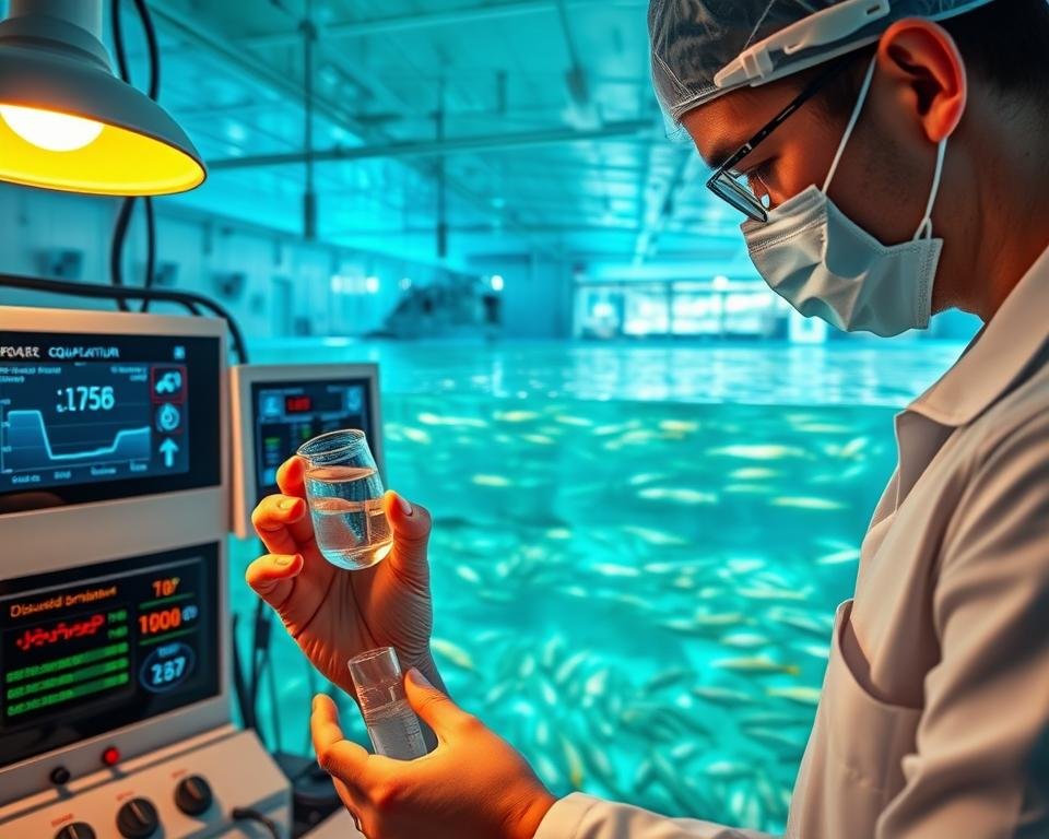 A pristine aquaculture facility with modern water monitoring equipment. In the foreground, a technician closely inspects a water sample under the warm glow of a laboratory lamp. In the middle ground, rows of digital displays and control panels showcase real-time water quality metrics - dissolved oxygen, pH, temperature, and more. The background reveals an expansive, sunlit fish tank teeming with healthy aquatic life, reflecting the facility's commitment to sustainable, high-quality water management. The scene conveys a sense of precision, diligence, and environmental stewardship in the aquaculture industry. A pristine aquaculture facility with modern water monitoring equipment. In the foreground, a technician closely inspects a water sample under the warm glow of a laboratory lamp. In the middle ground, rows of digital displays and control panels showcase real-time water quality metrics - dissolved oxygen, pH, temperature, and more. The background reveals an expansive, sunlit fish tank teeming with healthy aquatic life, reflecting the facility's commitment to sustainable, high-quality water management. The scene conveys a sense of precision, diligence, and environmental stewardship in the aquaculture industry.