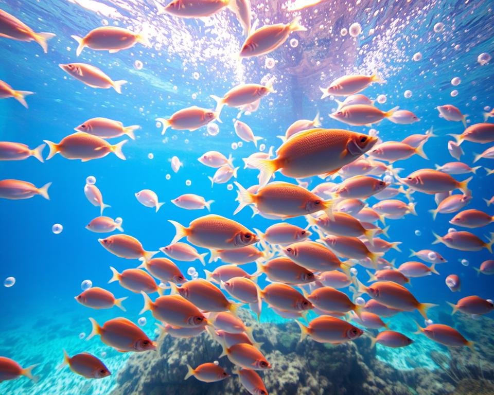 A pristine aquarium teeming with vibrant marine life, the water shimmering with a healthy glow. In the foreground, a school of fish swims gracefully, their scales reflecting the warm, natural lighting that filters in from the background. Suspended in the water, microscopic probiotics are visible, appearing as glowing, translucent spheres that interact with the fish, promoting their immune systems and overall well-being. The scene is captured with a wide-angle lens, showcasing the delicate balance and symbiosis between the probiotics and the aquatic inhabitants, conveying the importance of these beneficial microorganisms in sustainable fish farming.