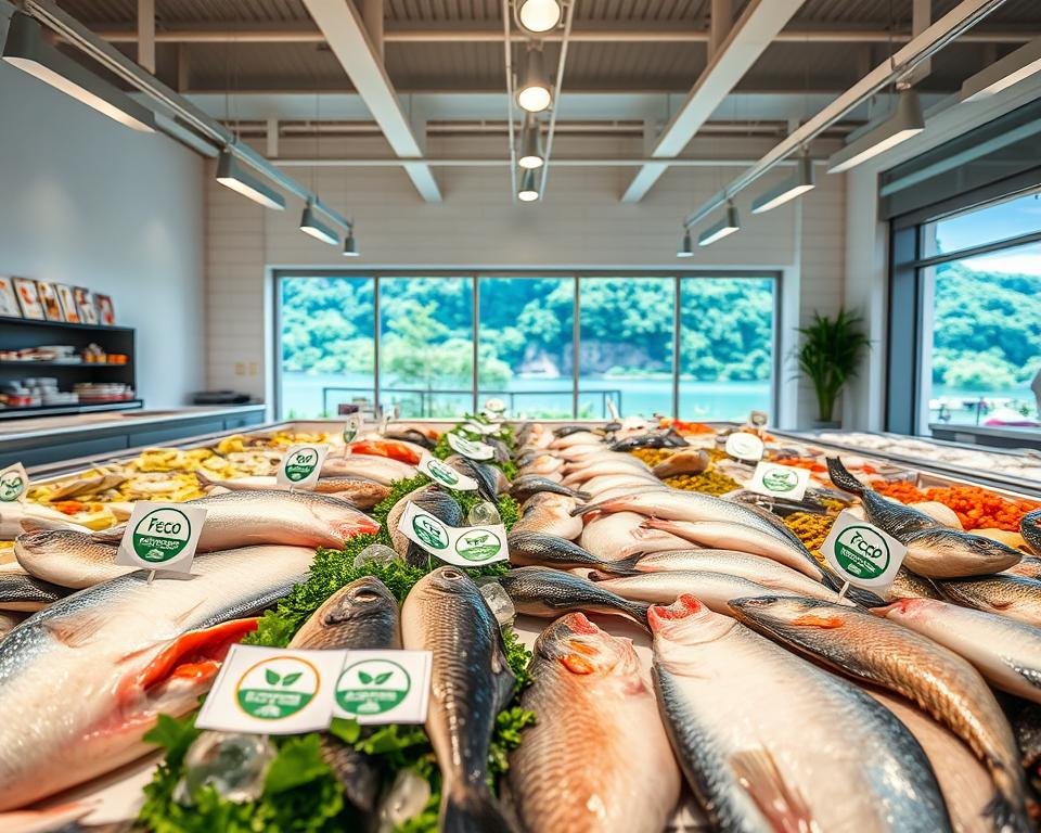 A pristine, well-lit seafood market, showcasing a variety of sustainable fish and shellfish. In the foreground, a vibrant display of eco-labels and certification seals adorn the fresh catch, emphasizing the commitment to responsible sourcing and environmental stewardship. The middle ground features a clean, modern setting with sleek stainless-steel fixtures and minimalist decor, creating a serene and inviting atmosphere. In the background, a large, panoramic window offers a glimpse of a lush, verdant landscape, hinting at the natural habitats that support the thriving aquaculture industry. The overall scene conveys a sense of transparency, quality, and a deep respect for the delicate balance of the marine ecosystem.