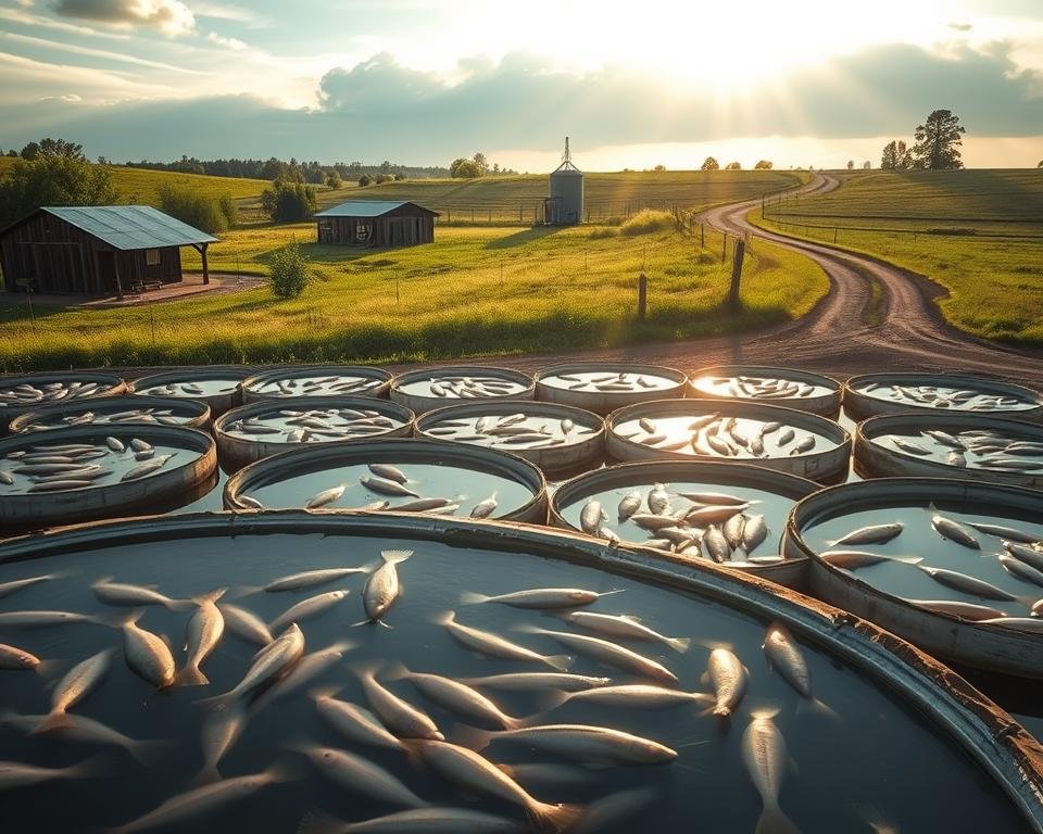 A serene catfish farm nestled in a verdant landscape, with a well-tended pond in the foreground. In the middle ground, rows of circular concrete tanks house thriving catfish, their whiskers gently swaying as they feed. The background features a wooden shed, a storage silo, and a winding dirt road leading to the farm. Warm, golden sunlight filters through wispy clouds, casting a soft, inviting glow over the scene. The overall atmosphere conveys a sense of pastoral tranquility and the dedicated effort required to cultivate this iconic American delicacy.