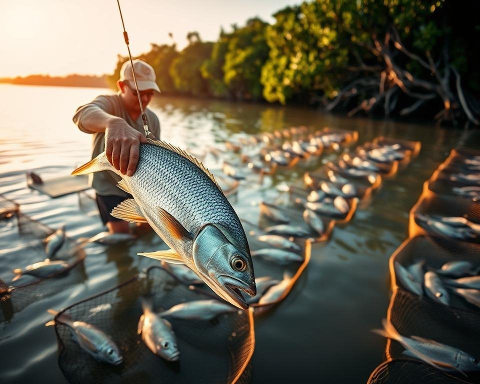 A serene coastal scene showcases the intricacies of barramundi farming. In the foreground, a fisherman delicately handles a large, silvery barramundi, its scales glistening under the warm, golden sunlight. In the middle ground, rows of submerged net cages bob gently in the calm waters, housing schools of the exotic fish. The background reveals a lush, verdant mangrove forest, its tangled roots reaching into the tranquil lagoon. The overall atmosphere is one of harmony and expertise, capturing the essence of sustainable, high-value aquaculture practices.