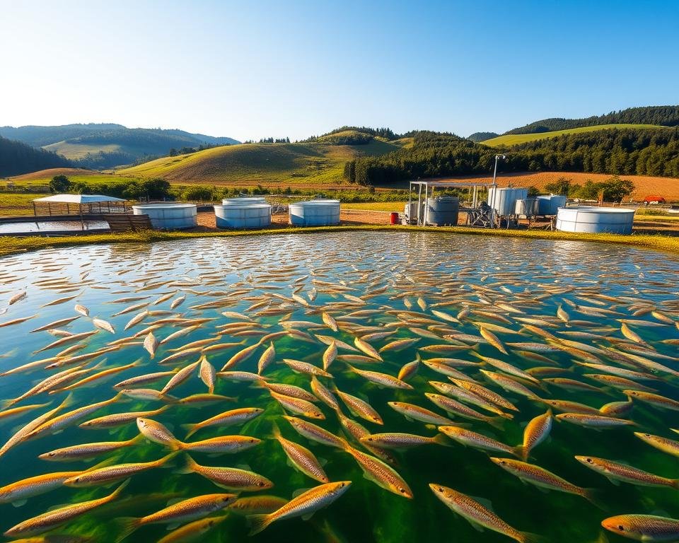 A serene fish farm nestled in a lush, verdant landscape. In the foreground, crystal-clear ponds teeming with a variety of thriving fish, their scales glistening in the warm, golden sunlight. In the middle ground, modern aquaculture infrastructure - sturdy tanks, aeration systems, and feeding equipment - all meticulously maintained. The background features rolling hills, a cloudless azure sky, and the silhouette of a distant forest, creating a tranquil, pastoral atmosphere. The scene conveys a sense of sustainable, profitable aquaculture, inviting the viewer to consider the financial potential of this thriving fish farm operation.