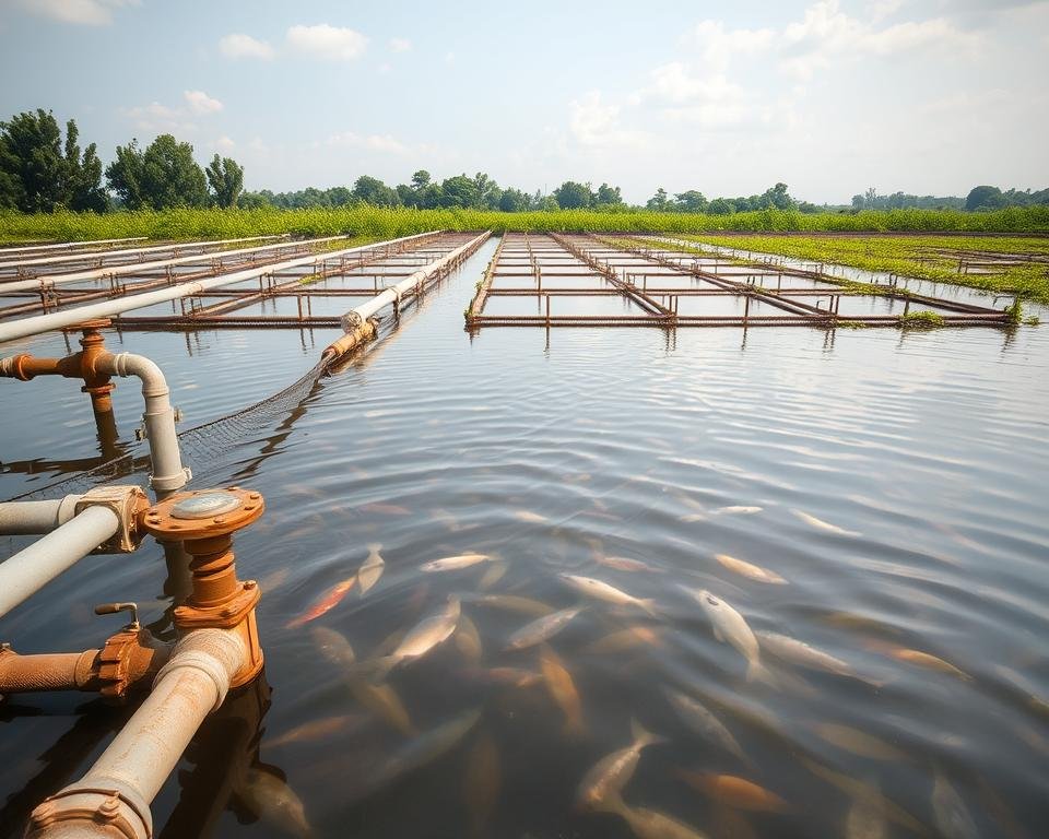 A serene fish farm pond, its surface gently rippling with the flow of a carefully engineered water management system. In the foreground, a network of pipes and valves regulates the water level, temperature, and oxygenation, ensuring optimal conditions for the thriving population of fish. The middle ground features rows of submerged structures, providing shelter and breeding grounds for the aquatic inhabitants. In the background, lush vegetation and a cloudless sky create a tranquil, natural atmosphere, highlighting the eco-friendly nature of this sustainable fish farming operation. Soft, diffused lighting casts a warm glow, emphasizing the harmonious relationship between the engineered and natural elements. The scene conveys a sense of balance and environmental stewardship, reflecting the core principles of minimizing the carbon footprint in fish farming.