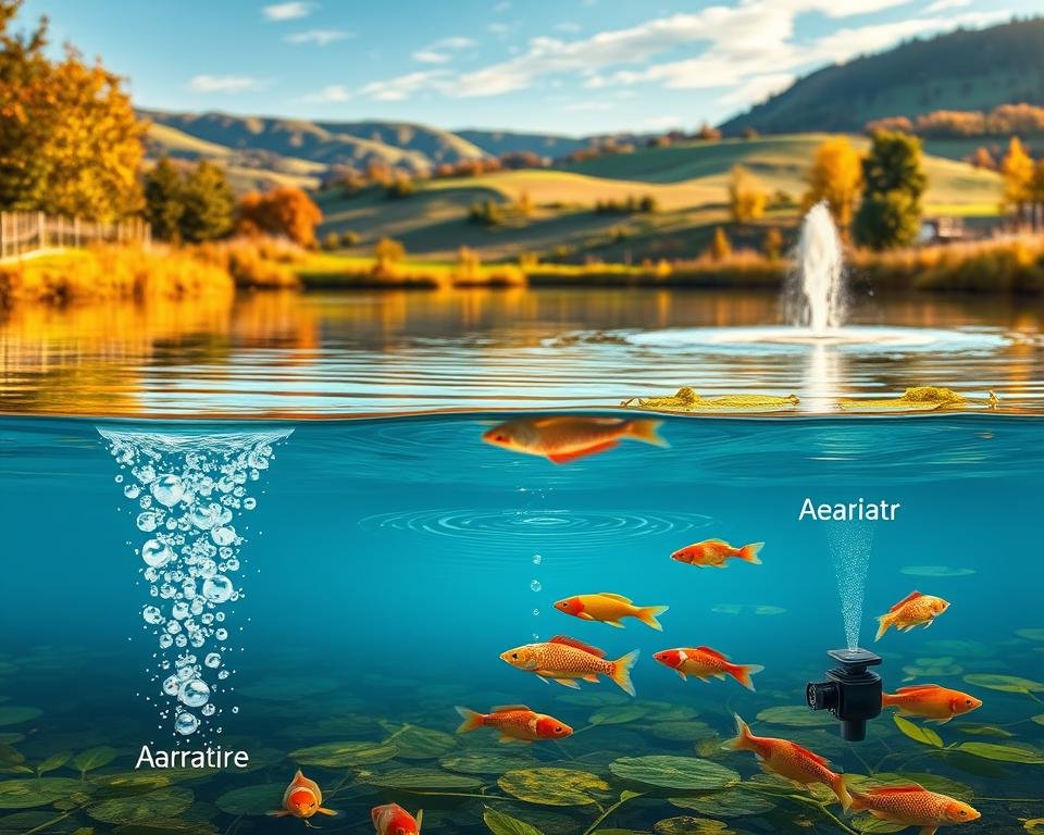 A serene fish pond on a crisp autumn day, with gentle ripples on the surface and lush, vibrant foliage surrounding it. In the foreground, a detailed illustration of various aeration methods - diffused air bubbles rising from the bottom, a floating surface aerator churning the water, and a submerged water pump creating a gentle fountain. The middle ground features a picturesque landscape with rolling hills, a clear blue sky, and warm, directional lighting casting soft shadows. The background showcases the tranquil pond, with healthy, thriving fish swimming among the aquatic plants. The overall scene conveys the importance of effective aeration for optimal pond ecosystem health and fish well-being.