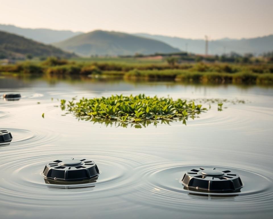 A serene pond with a clear, reflective surface. In the foreground, a series of aeration devices, their circular motion creating gentle ripples that dance across the water. In the middle ground, a lush aquatic vegetation thrives, its vibrant colors a testament to the well-oxygenated environment. The background showcases a tranquil, natural landscape, with rolling hills and a soft, diffused light creating a calming, almost ethereal atmosphere. The overall scene conveys a sense of balance and harmony, highlighting the effectiveness of these innovative pond aeration techniques in supporting a thriving aquaculture ecosystem.