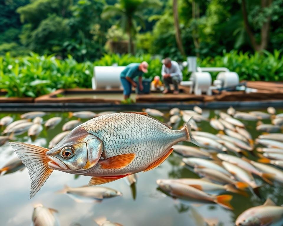 A serene tilapia farm set against a lush, verdant backdrop. In the foreground, a close-up of a healthy tilapia swimming gracefully, its vibrant scales shimmering under the soft, diffused lighting. In the middle ground, a team of attentive farmers meticulously inspecting the fish, checking for any signs of disease. The background reveals neatly arranged ponds and a state-of-the-art filtration system, ensuring optimal water quality. The overall scene exudes a sense of diligence, care, and a deep understanding of tilapia farming best practices for disease prevention and management.