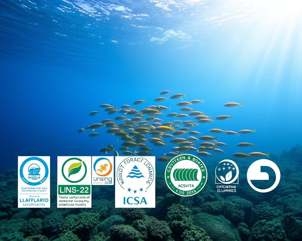 A serene underwater scene showcasing the certifications and seals of aquaculture sustainability. In the foreground, an array of certification icons and seals float gracefully, their colors and textures reflecting the clear waters. In the middle ground, a school of diverse, vibrant fish swim peacefully, symbolizing a thriving, healthy aquatic ecosystem. The background depicts a tranquil, sunlit ocean vista, with rays of light filtering through the water, creating a calming, ethereal atmosphere. The image conveys a sense of commitment to social responsibility and environmental stewardship in the aquaculture industry.