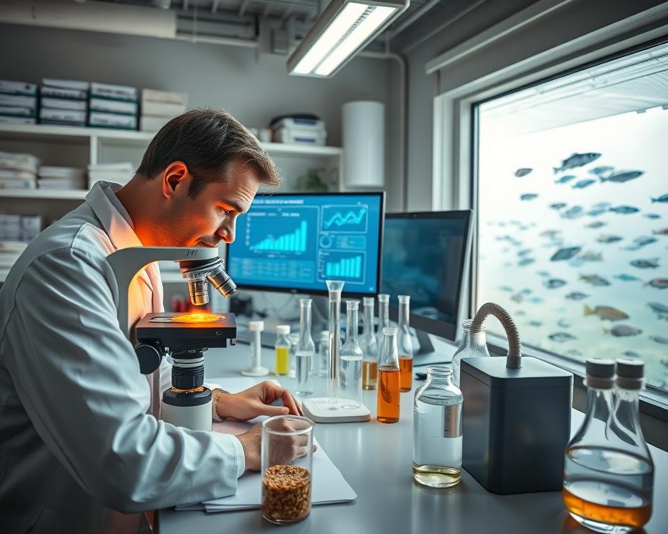 A sleek, modern laboratory setting with an array of scientific instruments and equipment. In the foreground, a scientist in a white lab coat carefully examines a sample of aquaculture feed under a high-powered microscope, their face illuminated by the warm glow of the instrument's lighting. The middle ground features a series of test tubes and beakers filled with various liquids, along with a computer monitor displaying graphs and data related to feed efficiency. The background showcases shelves of reference materials and a large window overlooking a serene aquaculture facility, where fish are visible swimming in clear, well-oxygenated water. The overall scene conveys a sense of scientific inquiry and the pursuit of improving aquaculture sustainability through optimized nutrition.