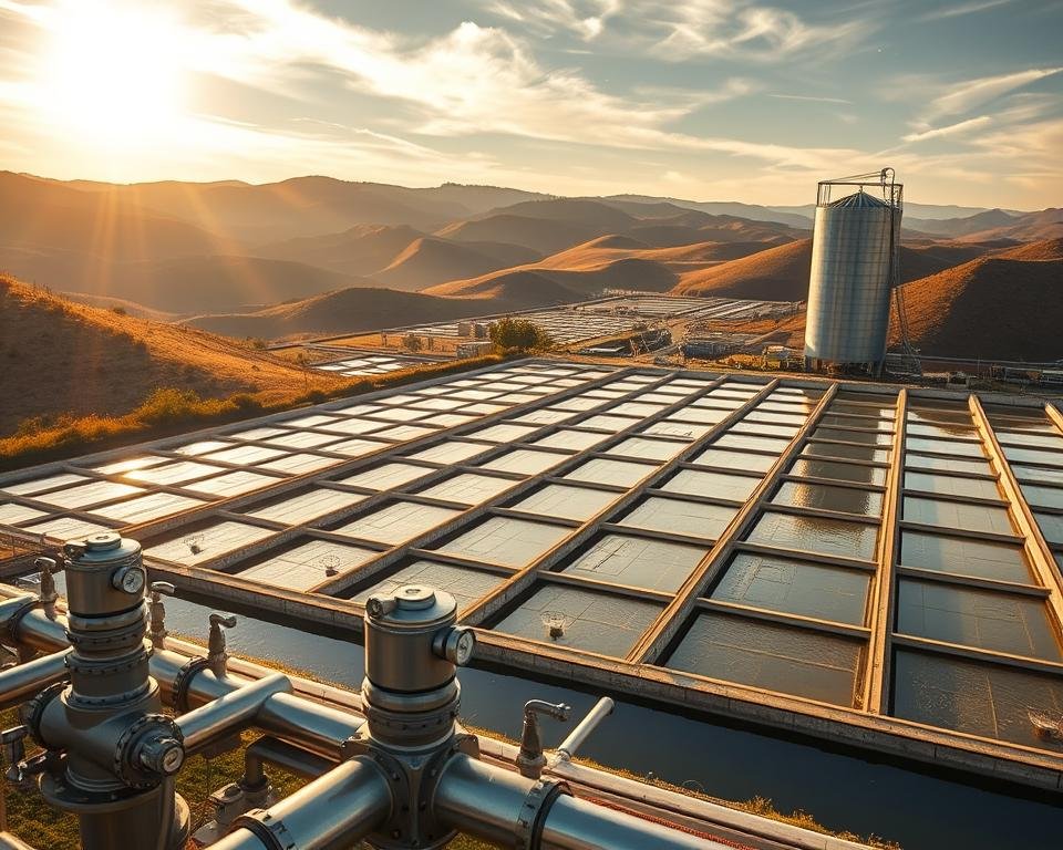 A sprawling aquaculture facility nestled between rolling hills, the sun's golden rays filtering through wispy clouds. In the foreground, workers carefully monitor water salinity levels, adjusting valves and gauges on a series of sleek, modern equipment. The middle ground showcases an intricate network of ponds and raceways, water gently lapping against the carefully engineered banks. In the background, a towering silo stands as a testament to the facility's advanced salinity management techniques, its metallic surface gleaming under the warm afternoon light. The overall scene conveys a harmonious balance between human ingenuity and the natural environment, highlighting the efficient yet sustainable practices at the heart of successful aquaculture. A sprawling aquaculture facility nestled between rolling hills, the sun's golden rays filtering through wispy clouds. In the foreground, workers carefully monitor water salinity levels, adjusting valves and gauges on a series of sleek, modern equipment. The middle ground showcases an intricate network of ponds and raceways, water gently lapping against the carefully engineered banks. In the background, a towering silo stands as a testament to the facility's advanced salinity management techniques, its metallic surface gleaming under the warm afternoon light. The overall scene conveys a harmonious balance between human ingenuity and the natural environment, highlighting the efficient yet sustainable practices at the heart of successful aquaculture.