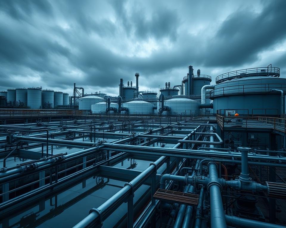 A sprawling industrial facility, its towering tanks and pipes silhouetted against a backdrop of moody gray skies. In the foreground, a series of clarifying tanks and filtration systems, their intricate mechanics visible through glass panels. A network of valves, pumps, and monitoring equipment orchestrates the flow of effluent, purifying the water with precision. The scene is bathed in a cool, fluorescent light, lending an air of technical sophistication to the scene. Gleaming metal surfaces reflect the activity within, while strategically placed walkways and catwalks allow for easy access and maintenance. This is the cutting edge of effluent treatment technology, a symphony of engineering and environmental stewardship.