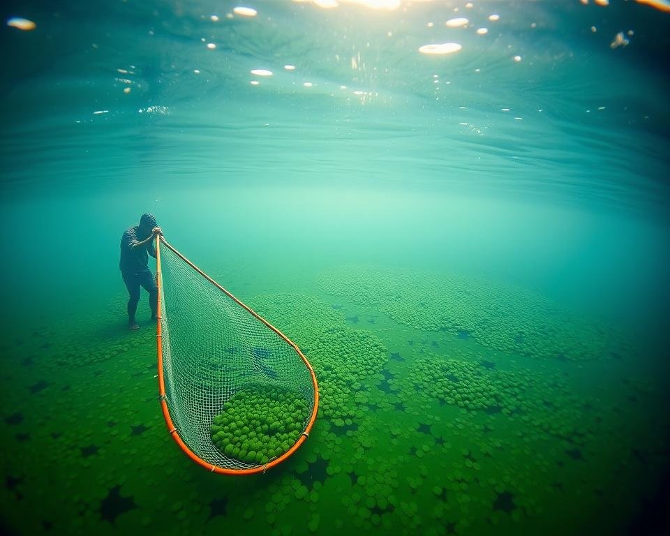 A sprawling underwater landscape showcasing various methods for controlling algae blooms. In the foreground, a fisherman carefully lowers a mesh net into the vibrant green waters, extracting dense mats of floating algae. In the middle ground, an aerator system churns the surface, introducing oxygen to disrupt the algae's growth. The background reveals a chemical treatment system, dispersing blue-green dye that blocks sunlight and inhibits photosynthesis. Soft, diffused lighting creates an ethereal, serene atmosphere, emphasizing the delicate balance of the aquatic ecosystem. A wide-angle lens captures the comprehensive, integrated approach to managing this environmental challenge.