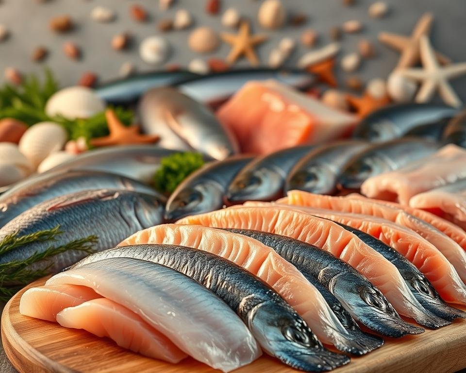 A still life arrangement of various fish and seafood, illuminated by warm, golden lighting. In the foreground, a selection of fresh fish fillets, shimmering with moisture, arranged on a wooden cutting board. In the middle ground, an assortment of whole fish, including salmon, tuna, and mackerel, displayed against a neutral background. In the background, a scatter of marine-themed elements, such as seashells, starfish, and seaweed, creating a sense of depth and a nautical ambiance. The overall composition emphasizes the nutritional value and diversity of essential fish nutrients, highlighting their importance for human health.